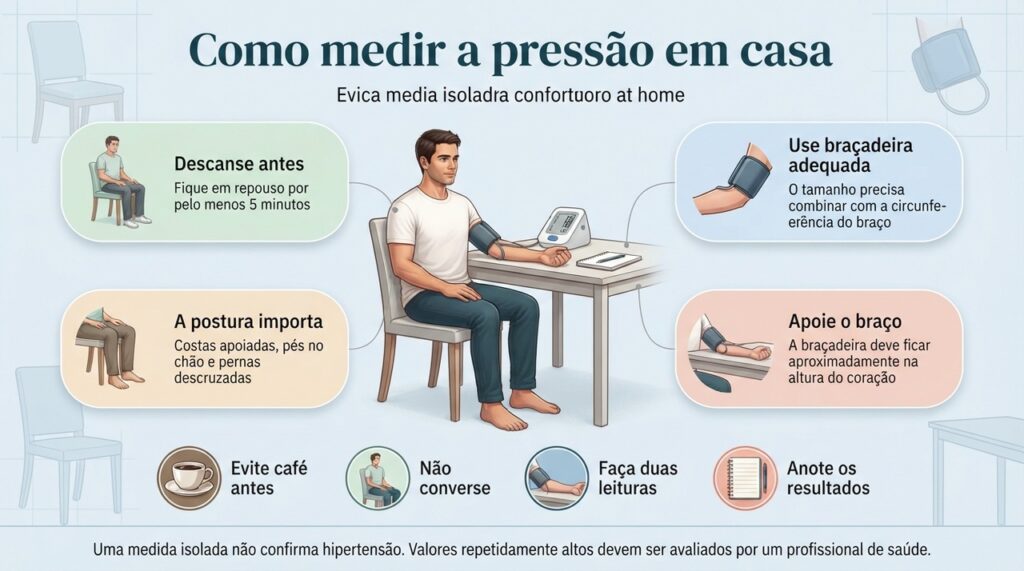 Repouso, postura correta, braçadeira adequada e registro das leituras são etapas essenciais para medir a pressão em casa.