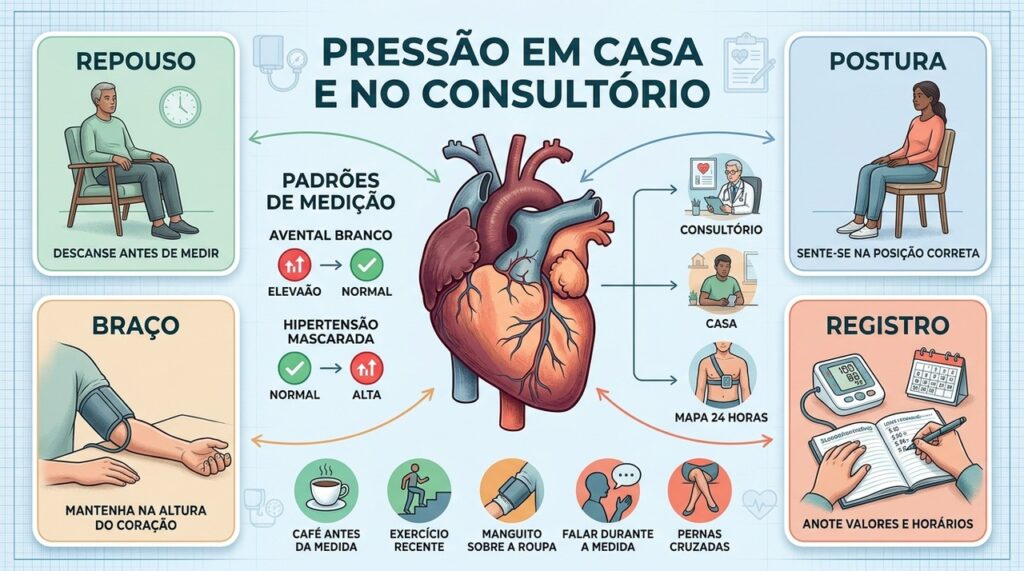 Repouso, postura, posição do braço e registros tornam a aferição mais confiável.