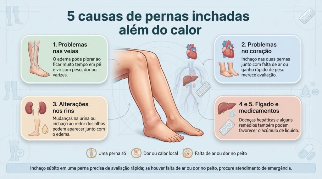 O padrão do inchaço, os sintomas associados e os medicamentos em uso ajudam a diferenciar causas passageiras de problemas que precisam de investigação.