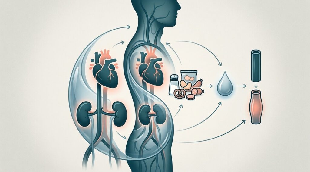O excesso de sódio pode favorecer retenção de líquidos e aumentar o volume circulante, o que contribui para elevar a pressão arterial.