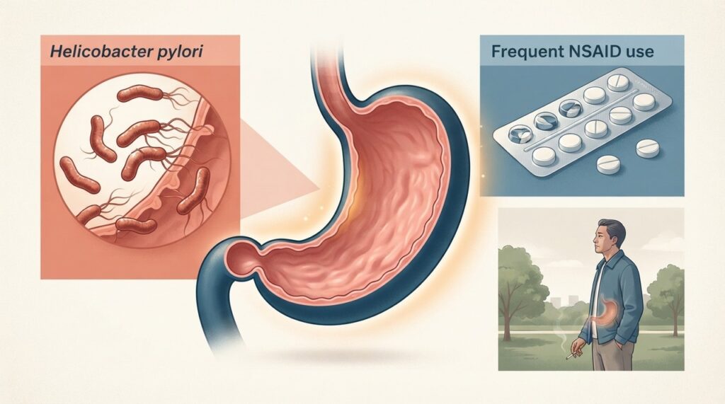 O cigarro pode prejudicar as defesas do estômago e dificultar a cicatrização, embora H. pylori e anti-inflamatórios sejam causas mais importantes.