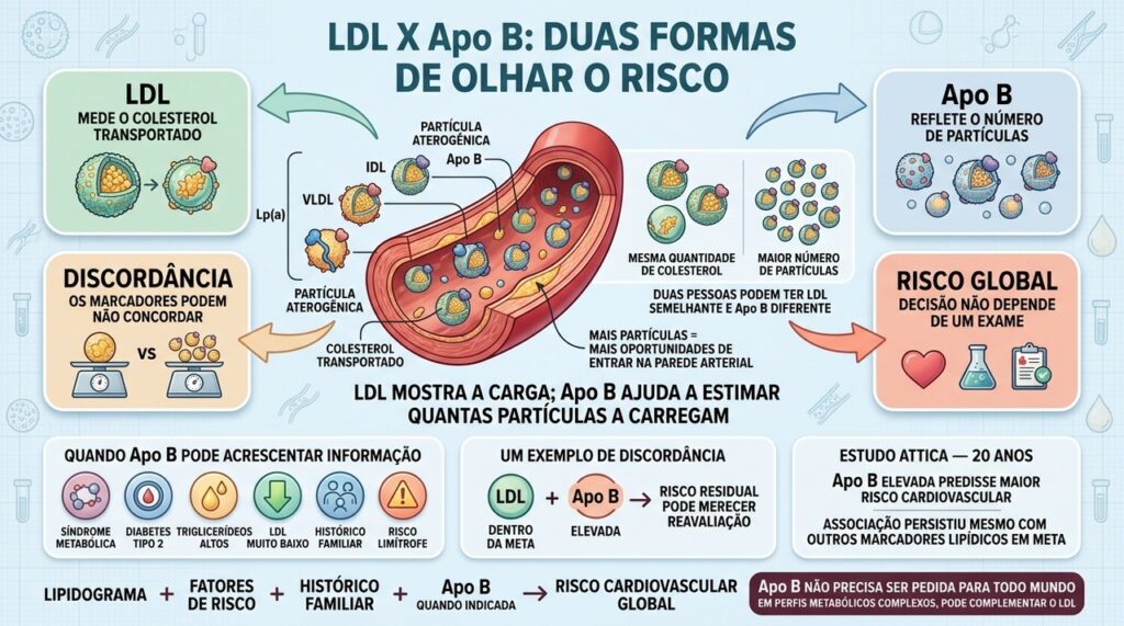 LDL mede colesterol transportado; Apo B ajuda a estimar partículas aterogênicas circulantes.