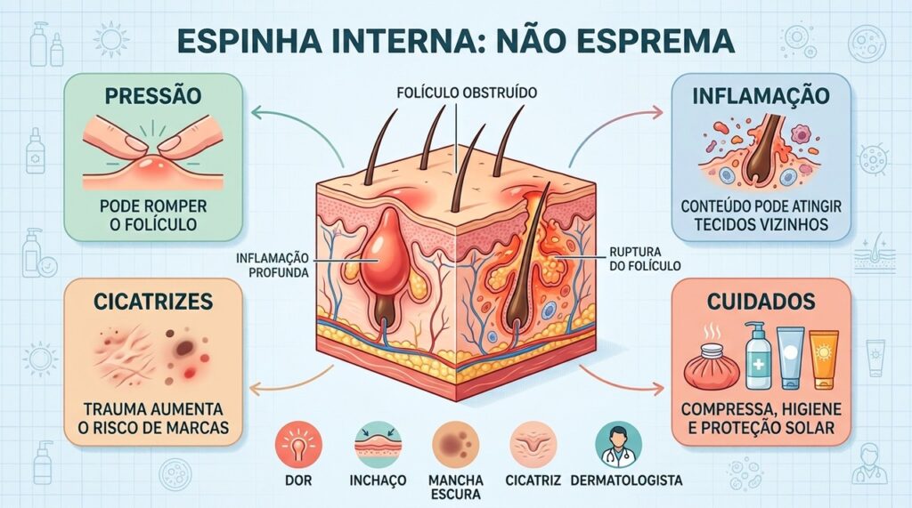 Pressão pode romper o folículo, espalhar inflamação e aumentar manchas e cicatrizes.