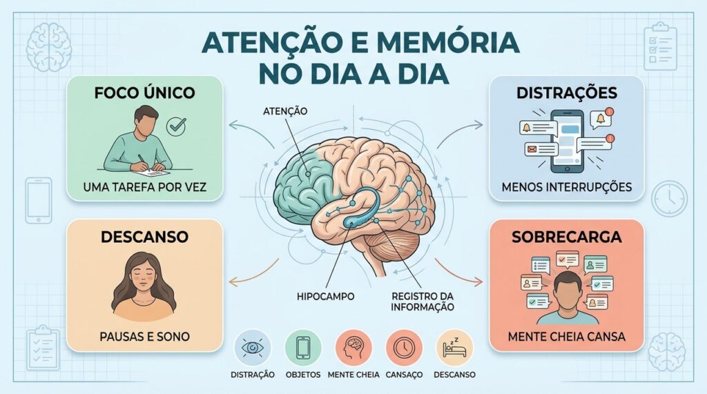 Foco único, menos distrações, descanso e controle da sobrecarga ajudam a lembrar melhor.