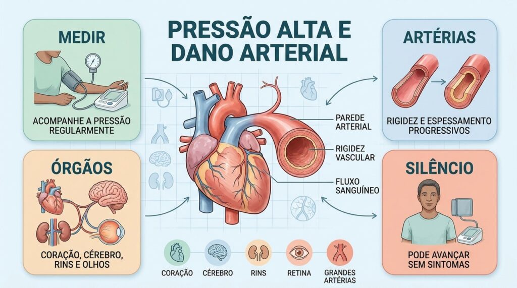 Pressão elevada pode endurecer artérias e comprometer coração, cérebro, rins e olhos silenciosamente.