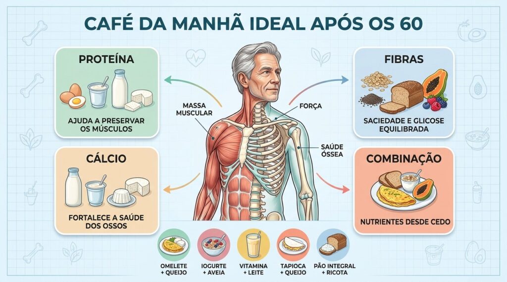 Proteína, fibras e cálcio ajudam a preservar músculos, ossos e equilíbrio metabólico.