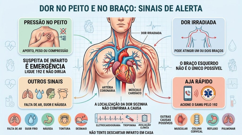 Pressão torácica, dor irradiada e sintomas associados ajudam a reconhecer uma emergência.