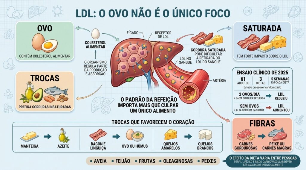 Gordura saturada, fibras e escolhas alimentares influenciam o controle do colesterol LDL.