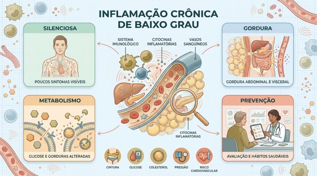 Inflamação silenciosa pode acompanhar alterações na glicose, gorduras, pressão e gordura abdominal.