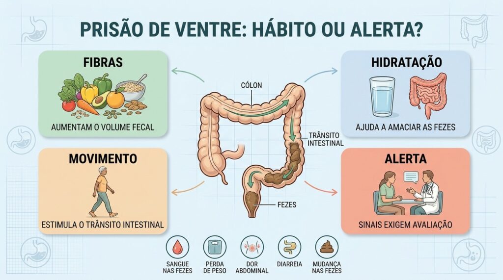 Fibras, hidratação e movimento ajudam; sangue nas fezes exige atenção e avaliação médica.