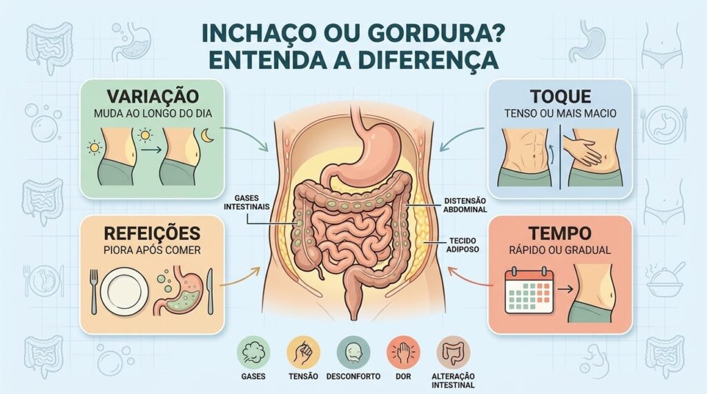 Variação, toque, refeições e tempo ajudam a diferenciar inchaço de gordura abdominal.