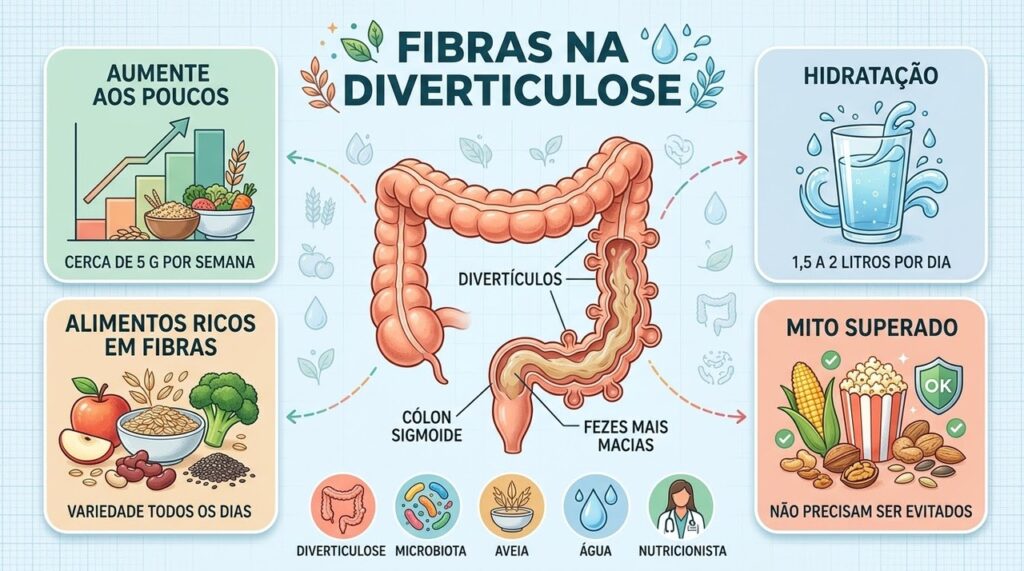 Fibras, água e adaptação gradual fortalecem a saúde intestinal na diverticulose.