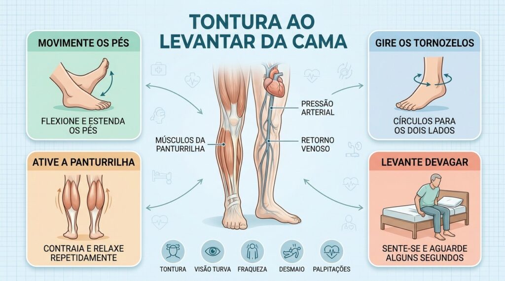 Movimentos das pernas, hidratação e levantar devagar ajudam a prevenir tonturas matinais.