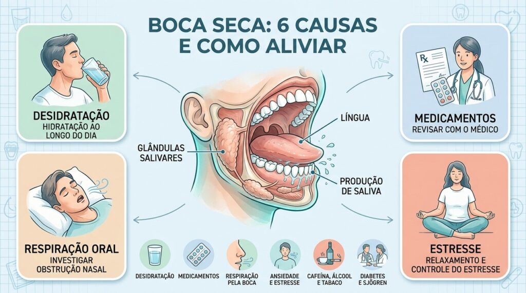 Conheça seis causas da boca seca e medidas que ajudam a aliviar o desconforto com segurança.