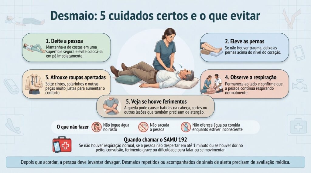 Durante um desmaio, segurança, observação da respiração e posição adequada são mais importantes do que tentar acordar a pessoa rapidamente.