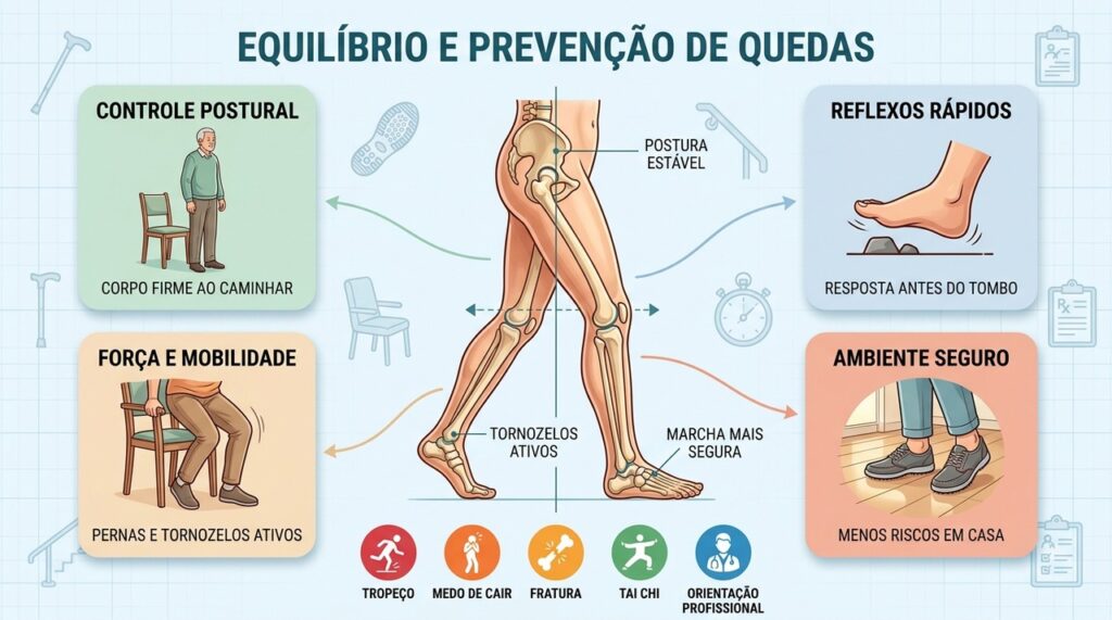 Controle postural, força e ambiente seguro reduzem o risco de quedas.