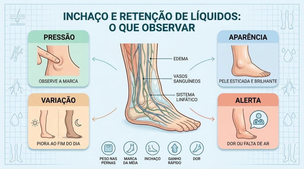 Pressão na pele, variação diária e sinais associados ajudam a observar possíveis edemas.