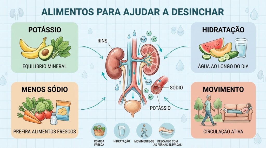 Menos sódio, hidratação adequada, potássio e movimento contribuem para o equilíbrio dos líquidos.