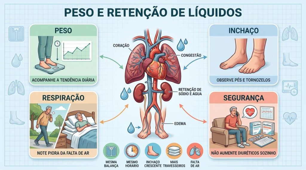 Peso diário, edema e respiração ajudam a reconhecer possíveis sinais de retenção.
