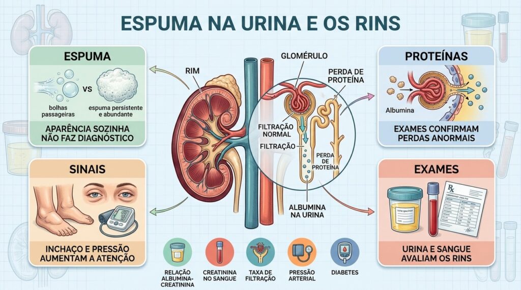 Espuma, proteínas, sinais associados e exames orientam a investigação da saúde renal.
