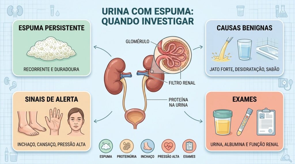 Jato forte e desidratação causam espuma passageira; persistência exige exames para proteinúria.