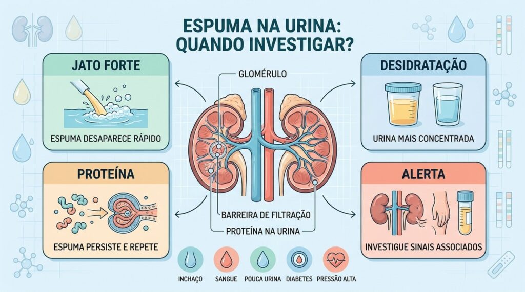 Tempo, frequência e sintomas associados ajudam a diferenciar espuma comum de possível proteinúria.