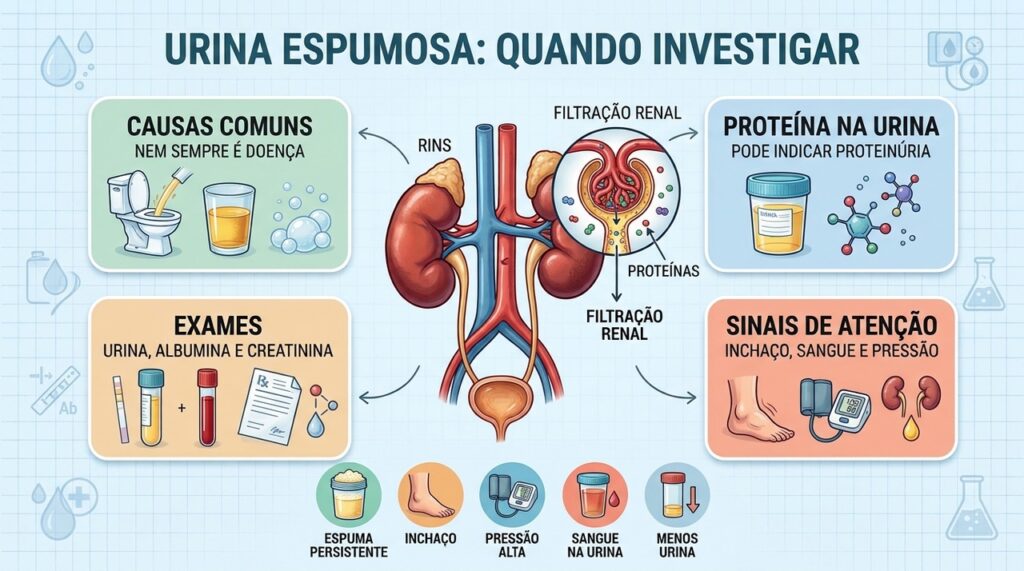 Proteinúria, inchaço e pressão alta ajudam a orientar a investigação dos rins.