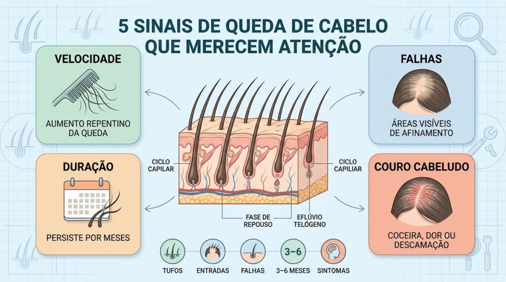 Persistência, afinamento e sintomas no couro cabeludo ajudam a diferenciar quedas passageiras.