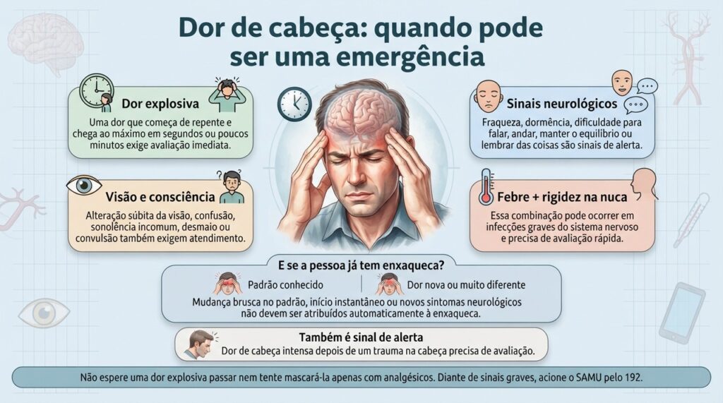 Início explosivo, alterações neurológicas, febre com rigidez na nuca ou perda de consciência tornam a dor de cabeça uma possível emergência.