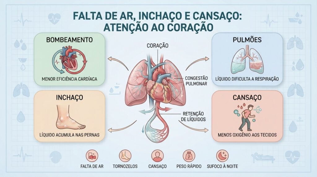 Coração menos eficiente pode favorecer falta de ar, retenção de líquidos e cansaço persistente.