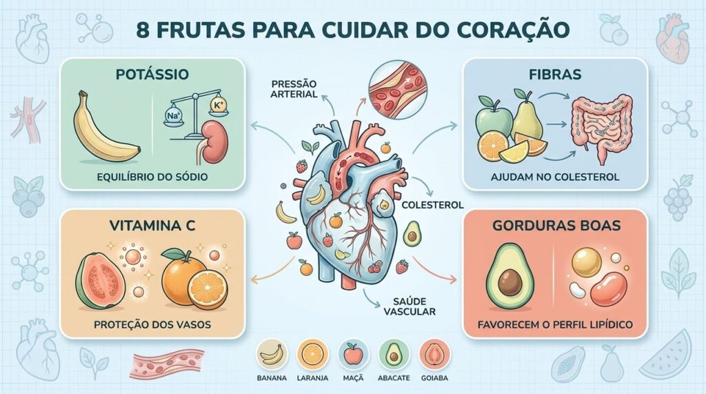 Oito frutas combinam potássio, fibras, vitamina C e gorduras boas para o coração.