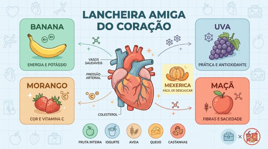 Frutas inteiras e combinações simples ajudam a reduzir ultraprocessados na rotina escolar.