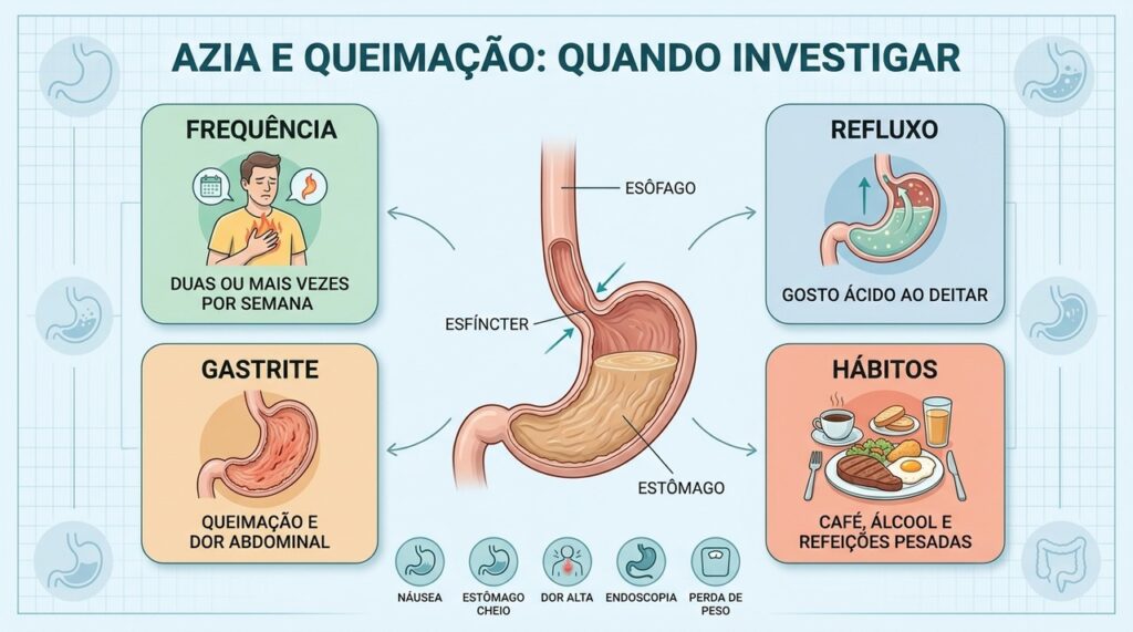 Frequência, refluxo, gastrite e hábitos ajudam a identificar quando investigar a queimação.
