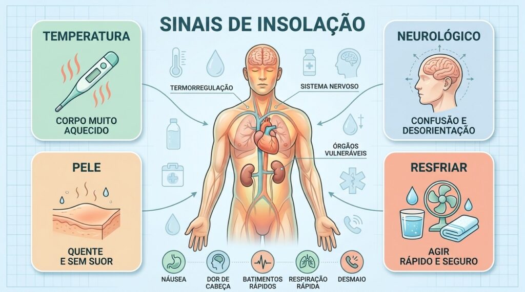 Pele seca, confusão, náusea e respiração rápida exigem atenção e resfriamento imediato.