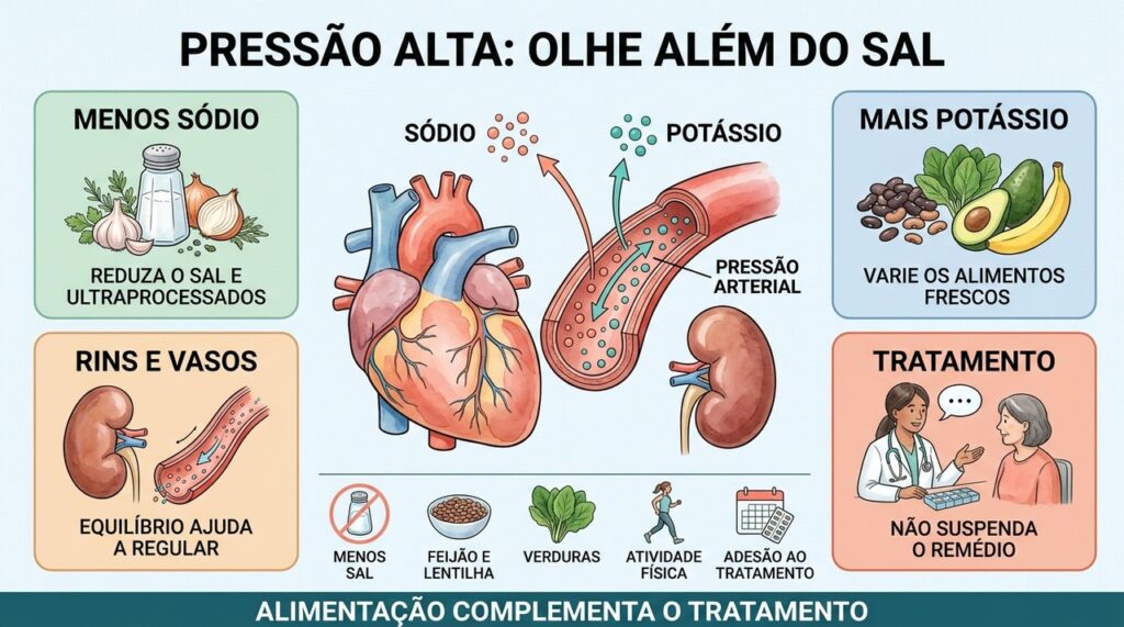 Menos sódio, potássio na alimentação e uso correto dos medicamentos contribuem para controlar a pressão arterial.