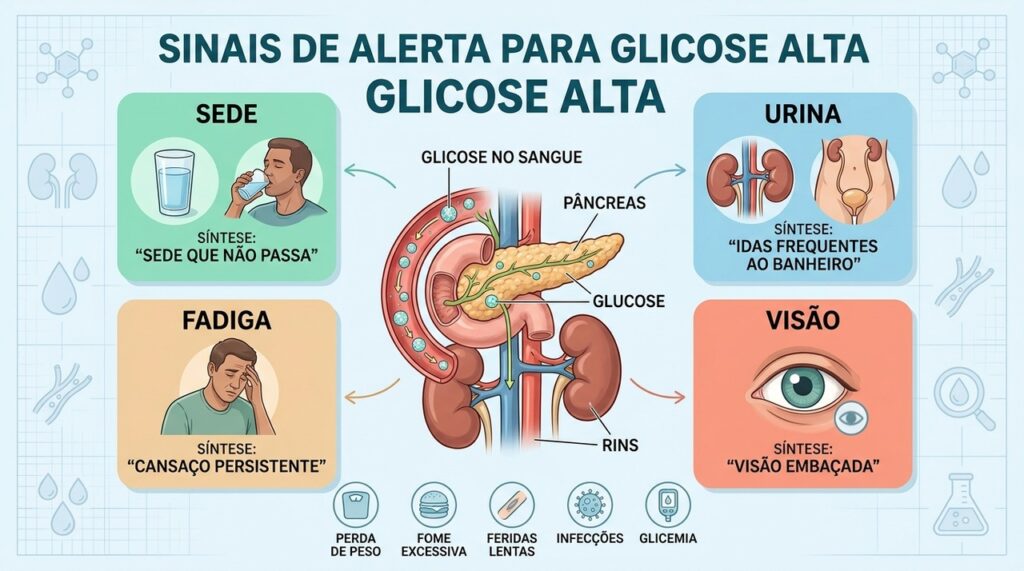 Sede, urina frequente, fadiga e visão embaçada merecem investigação da glicemia.