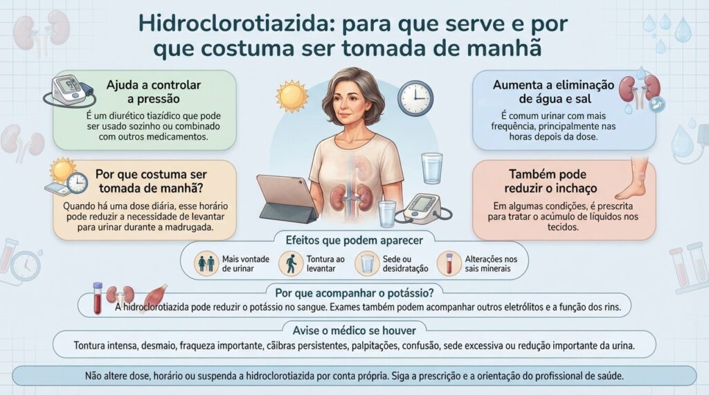 A hidroclorotiazida pode aumentar a urina, reduzir a pressão e exigir acompanhamento de eletrólitos como o potássio durante o tratamento.