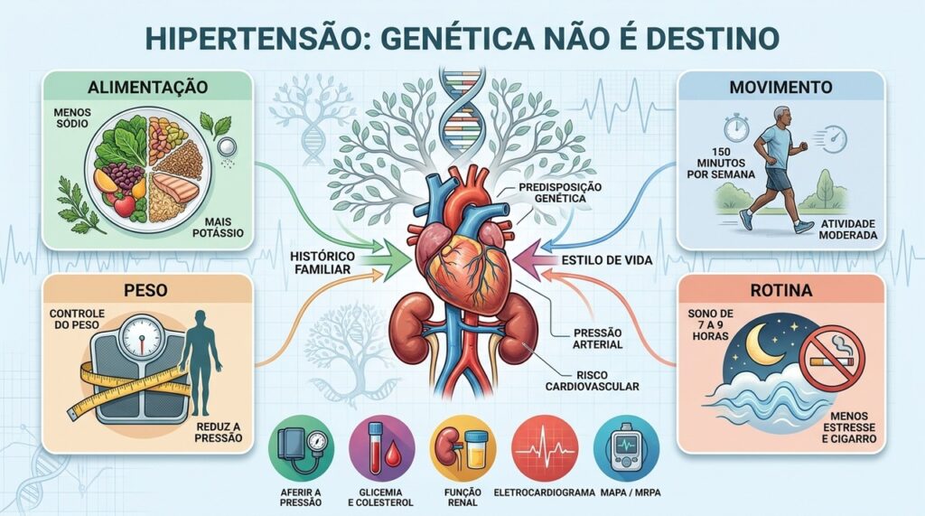 Alimentação, movimento, peso e rotina podem atenuar a predisposição genética à hipertensão.