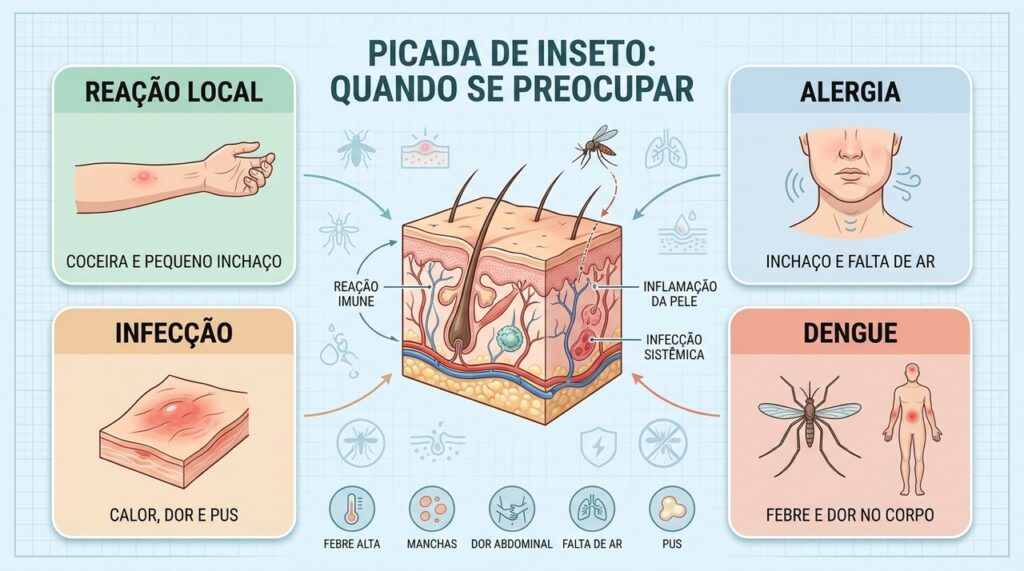 Coceira localizada difere de alergia, infecção bacteriana e sintomas sistêmicos da dengue.