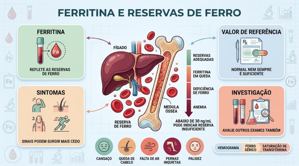 Ferritina, sintomas e exames complementares ajudam a identificar reservas insuficientes de ferro.