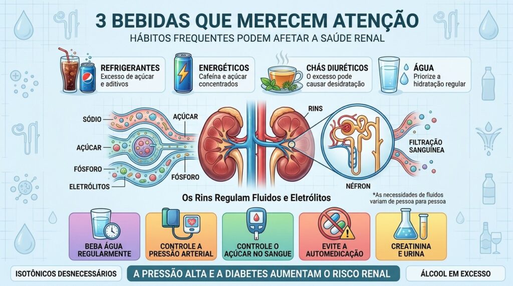 Refrigerantes, energéticos e chás diuréticos merecem atenção na rotina de hidratação.