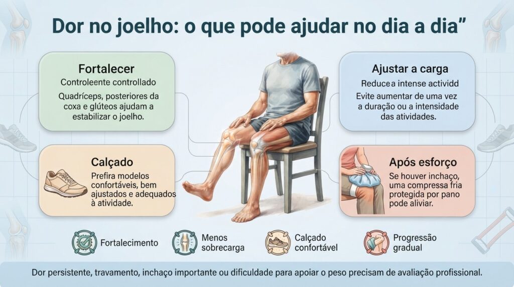Fortalecimento, progressão gradual e ajustes na rotina podem reduzir a sobrecarga do joelho em muitas situações.