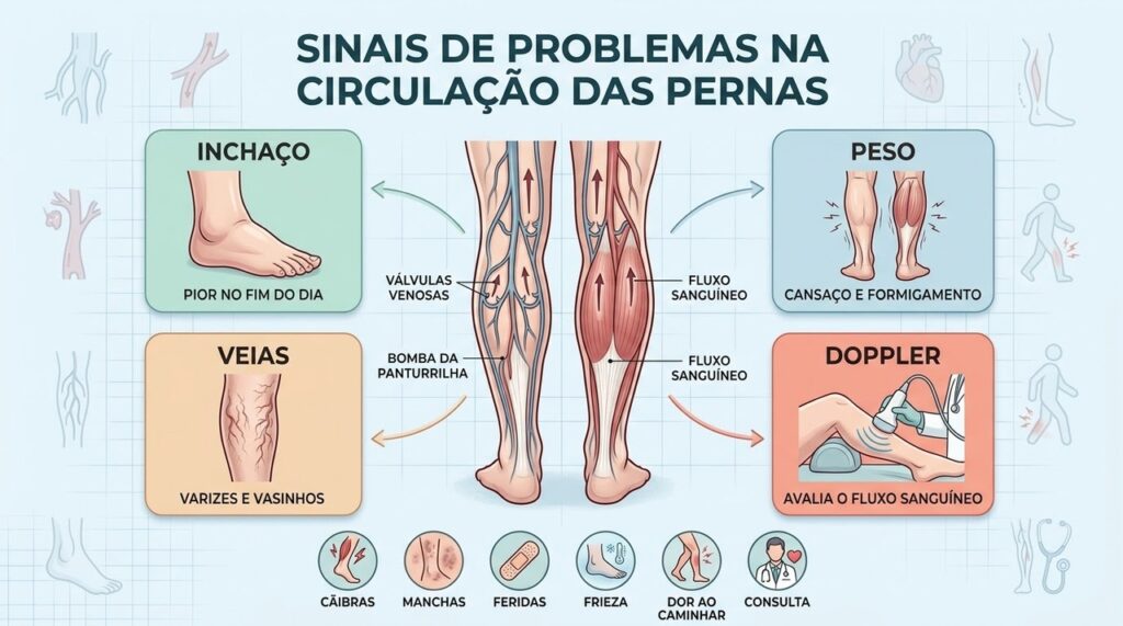 Inchaço, varizes, cãibras e alterações cutâneas orientam avaliação vascular e investigação do fluxo.