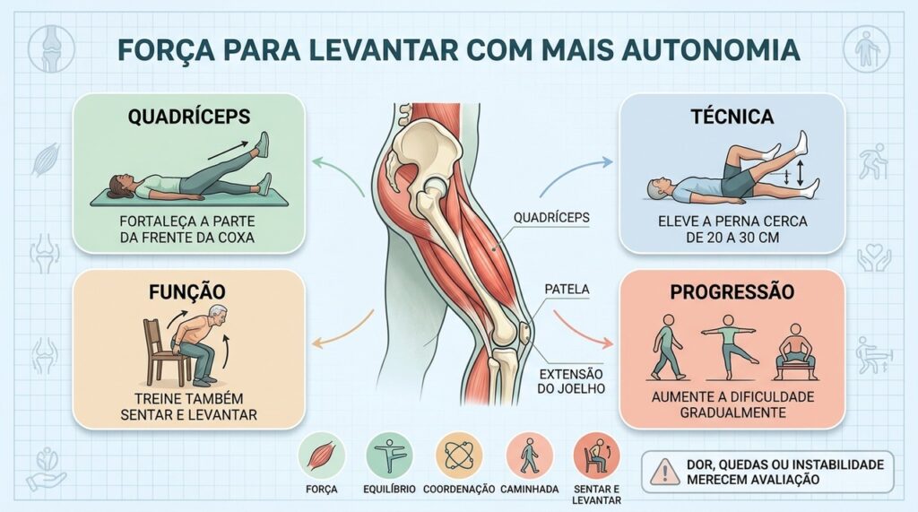 Quadríceps, treino funcional, equilíbrio e progressão ajudam a recuperar autonomia ao levantar.