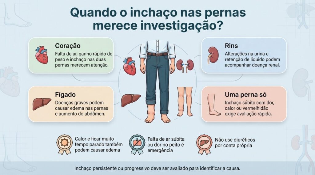 Observar se o edema é persistente, bilateral ou aparece de repente em uma só perna ajuda a definir a urgência da avaliação.