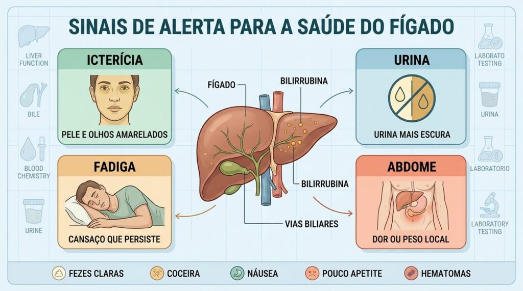 Icterícia, urina escura, fadiga e alterações abdominais são sinais que merecem avaliação médica.