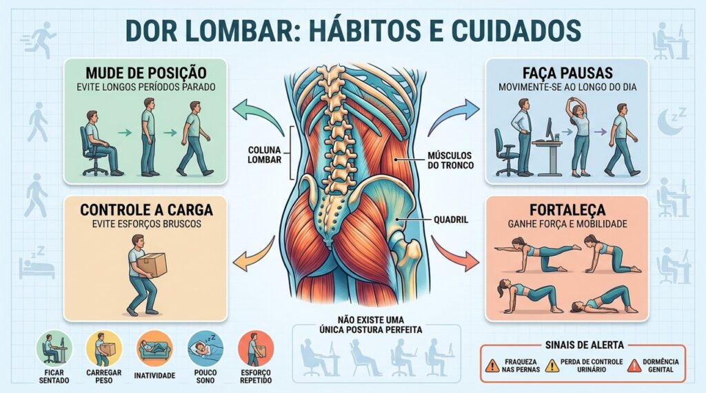Pausas, movimento, fortalecimento e cargas controladas ajudam no manejo da dor lombar.