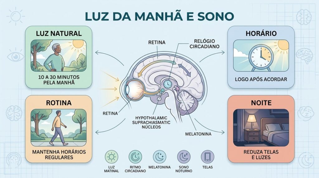 Luz matinal, horários regulares e menos telas à noite reforçam o ritmo circadiano.