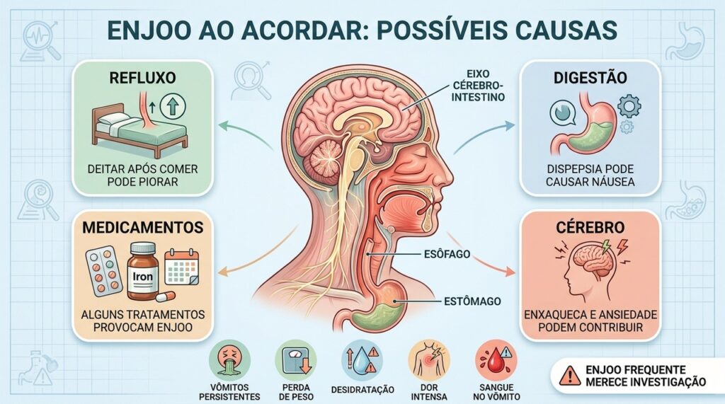 Refluxo, dispepsia, medicamentos e enxaqueca podem contribuir para náuseas ao acordar.
