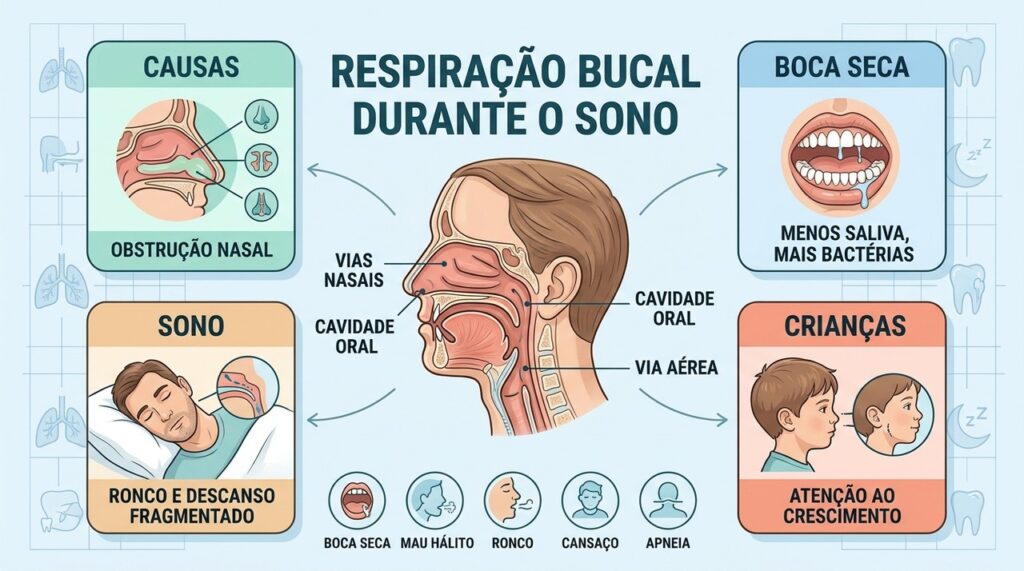 Obstrução nasal, boca seca, ronco e apneia ajudam a explicar a respiração bucal noturna.